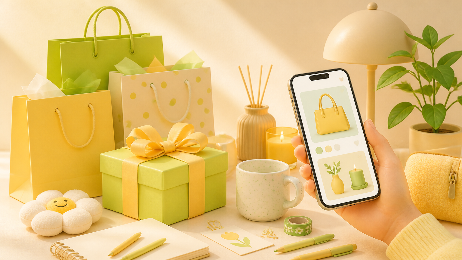 Minh hoạ góc mua sắm nhỏ xinh: túi giấy màu xanh lá và vàng, hộp quà thắt nơ, cốc sứ, sổ tay và điện thoại đang xem sản phẩm