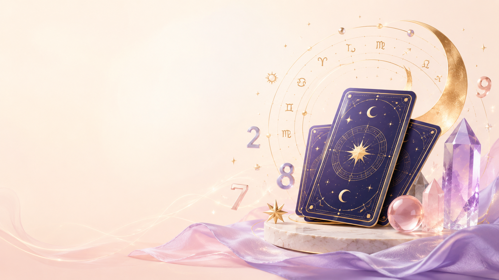 Bộ bài tarot xanh indigo viền vàng đặt trên bục đá cẩm thạch, quanh là vòng hoàng đạo, trăng lưỡi liềm, các con số và cụm thạch anh tím trên nền kem hồng